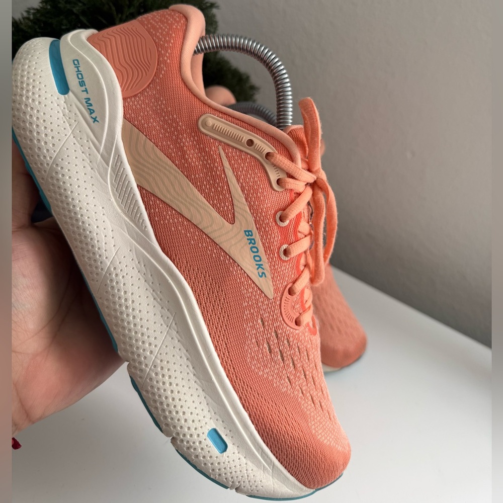 Brooks ghost max Women's Coral Peach Running Sneakers with Light Blue Accents - Picture 4 of 10